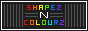 shapezncolourz button. there are animated rainbow letters and grey stripes in the background.